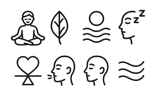 Wellness Icon Set. Massage Wellness linear icon set: lotus pose, calm face, herbal leaf, steam lines, warm sun disk, rest icon, heart balance, breath wave