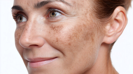 Obraz premium Macro of dark spot pigmentation on cheek, closeup of female face with freckles, skin texture, natural aging, healthy complexion, medical detail, calm expression