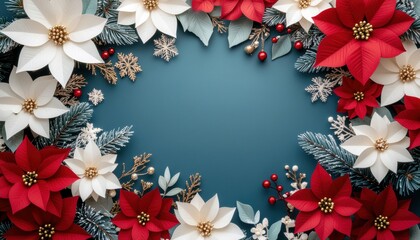 Festive holiday floral arrangement home decor digital art cozy environment top view celebration concept with poinsettias and evergreens