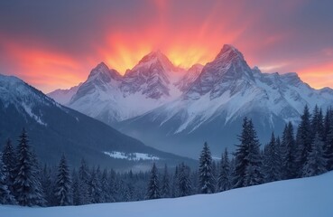 Majestic snow covered mountain range at beautiful sunrise. Vibrant orange red sky glows behind jagged peaks. Sun rays burst over summits. Pine trees stand in deep snowy valley. Cold winter natural