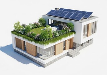 Modern home with green roof garden and solar panels, isolated