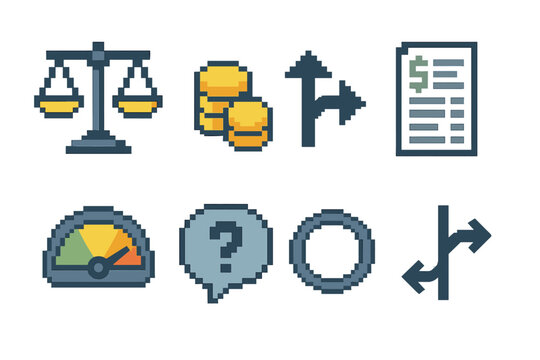 Financial Icons Set. Financial Decision Making Icons Set pixel style icon set: balanced scale, coin stack, choice arrows, budget sheet, risk gauge, question bubble, clarity ring