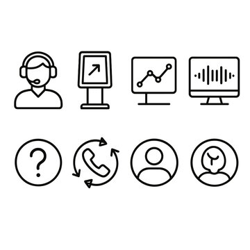 Digital Support Icons. Smart Support Centers linear icon set. operator headset, digital kiosk, analytics chart, monitor screen, voice command, help icon, call routing, customer