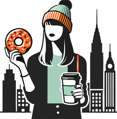 Stylish woman in winter attire holding donut and coffee cup with city skyline backdrop