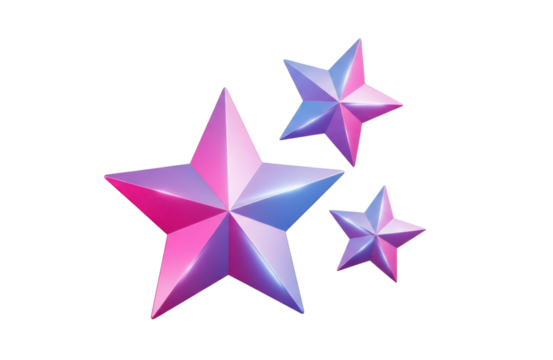 Three dimensional rendering of three glossy, stylized stars in shades of pink and blue, isolated on transparent background