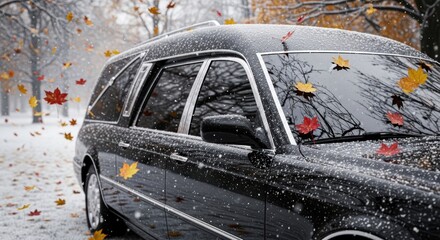 Funeral services hearse parked quietly in snowy autumn landscape  