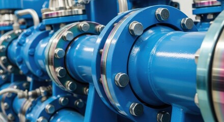 A detailed close-up of a large blue industrial pipe with a flanged connection secured by shiny steel bolts and nuts, showcasing heavy-duty engineering and manufacturing