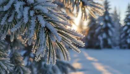 A close-up of frosted evergreen needles glistening in sunlight, perfect for winter advertisements or seasonal promotions.