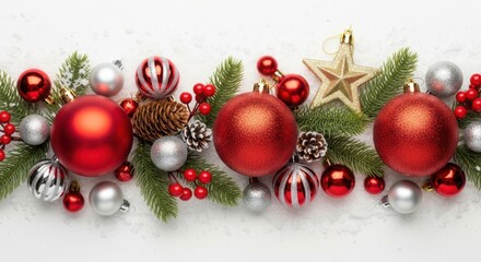 Classic christmas border featuring festive red and silver baubles, fir