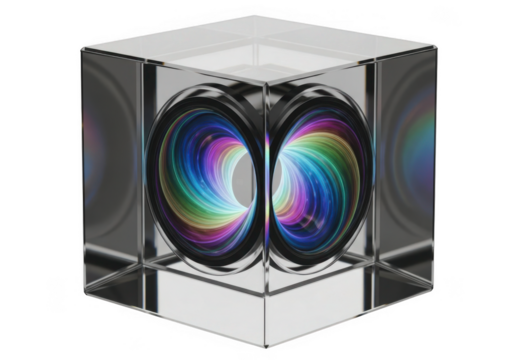 Prism cube refracting light into rainbow colors isolated on transparent background