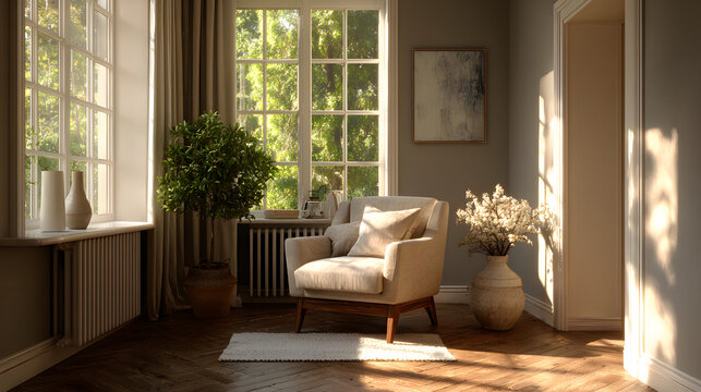 Peaceful interior with neutral tones and sunlight reflecting on clean walls 