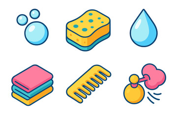 Clean and Fresh Icons. Clean & Fresh flat icons set. bubble, sponge, droplet, towel stack, comb, scent puff