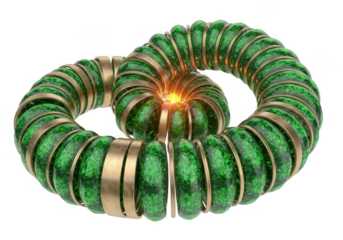 Intricate green and gold futuristic coil with glowing core isolated on transparent background