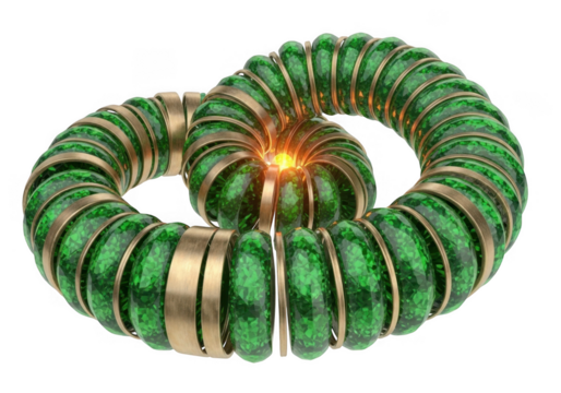 Intricate green and gold futuristic coil with glowing core isolated on transparent background - Powered by Adobe