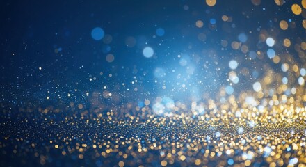 Abstract blue and gold glitter particles with shimmering bokeh light.