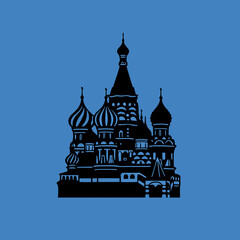 Black silhouette of St. Basil's Cathedral with its iconic onion domes and spires against a solid blue background, representing Russian architecture.