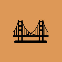 A minimalist graphic illustration of a suspension bridge, possibly the Golden Gate Bridge, in black silhouette on a warm orange background.