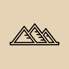 A minimalist line art illustration depicting three geometric mountains or pyramids with internal horizontal lines on a beige background.
