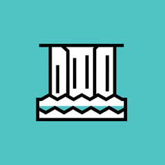 A minimalist line art icon depicting a waterfall with three streams of water falling into a wavy pool on a teal background.