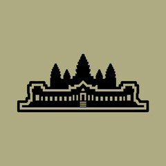 Stylized black silhouette of a famous Cambodian temple, possibly Angkor Wat, against a muted olive-green background, featuring intricate architectural details.