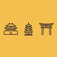 Outline icons of traditional East Asian architecture including a temple, a pagoda, and a Japanese Torii gate on a yellow background.