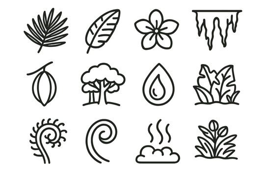 Tropical Botanical Icons. Tropical Botanical Set linear icon set: palm leaf, banana frond, tropical flower, hanging moss, cocoon pod, rainforest canopy, wet leaf droplet, lush