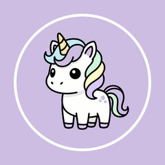 Cute cartoon baby unicorn with a rainbow mane and tail on a light purple background within a white circle.