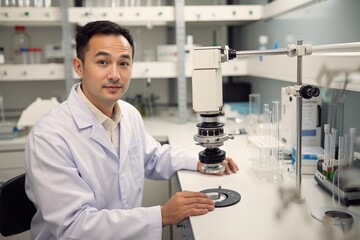 Materials scientist studies samples at a lab bench using a microscope.