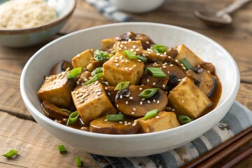 Fototapeta premium Braised Mushrooms and Tofu in Rich Brown Sauce – Authentic Comfort Food Dish