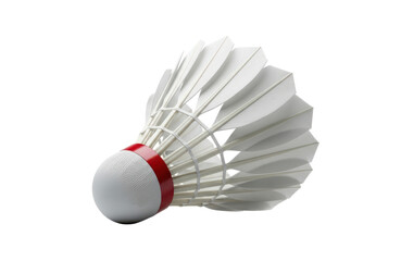 A single white feather shuttlecock with a red band around the cork base, isolated on transparent background for sports equipment photography