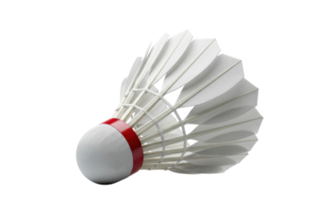 A single white feather shuttlecock with a red band around the cork base, isolated on transparent background for sports equipment photography