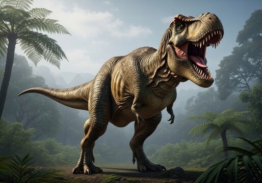 Majestic tyrannosaurus rex roaring in a lush jungle environment - Powered by Adobe