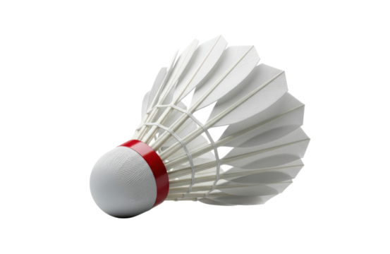 A single white feather shuttlecock with a red band around the cork base, isolated on transparent background for sports equipment photography - Powered by Adobe