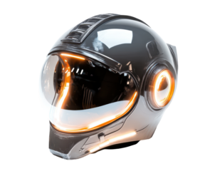 Futuristic helmet with glowing visor reflecting cosmic details