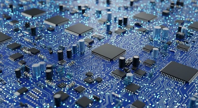 Detailed Close-up of a Blue Circuit Board with Integrated Chips and Electronic Components High-Tech Motherboard Design with Intricate Pathways and Connections