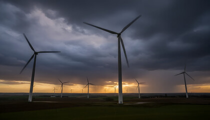 Obraz premium A landscape with wind turbines against a darkening sky and sunset, perfect for promoting renewable energy or environmental conservation.