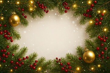 Warm and festive Christmas border with pine branches, golden ornaments, and red berries for cozy holiday designs