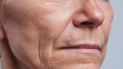Obraz premium Close up of mature woman face showing nasolabial area with fine wrinkles, textured skin, and natural aging, highlighting realistic skin details and subtle expression lines