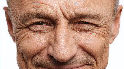 Close up portrait of mature man with deep wrinkles around eyes, smiling warmly, showing natural skin texture and facial lines, isolated on white background