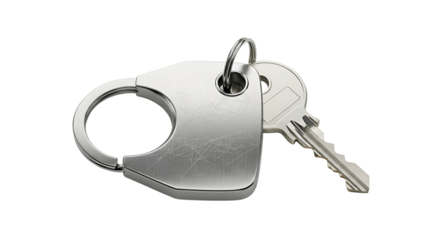 Shiny metal key attached to a carabiner-style key holder, resting on a black background