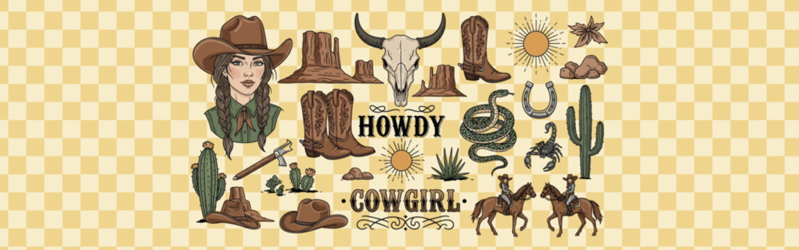 Illustrated cowgirl themed design featuring desert elements such as cacti horses and western accessories