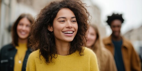 Young african female leading a diverse group of friends outdoors