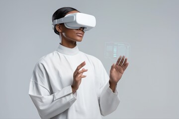 African female using virtual reality headset with holographic interface