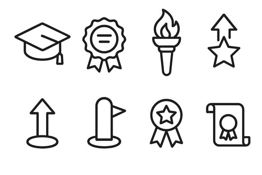 Graduation Symbol Icons. Graduation symbols linear icon set: academic cap outline, certificate badge, knowledge torch, star achievement, upward arrow, milestone marker, success