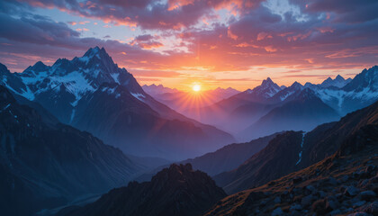 Snowy mountain range under a vibrant sunset sky
