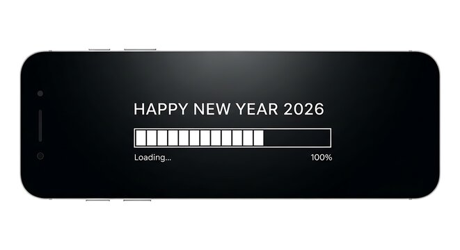 Happy new year 2026 loading bar on smartphone screen isolated on white background