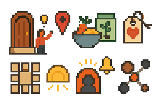 Pixel Art Community Icons. Local Connection Practices pixel style icon set: door-step hello marker, potluck bowl, shared seed packet, small gratitude tag, community bell, gathering