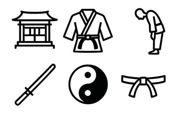 Martial Arts Icons. Traditional Martial Arts linear icon set. dojo hall, gi uniform, black belt, bowing pose, wooden sword, yin yang symbol.