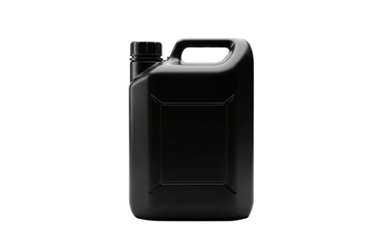 Black plastic jerrycan with handle and screw cap, isolated on transparent background, perfect for packaging design mockup or product display