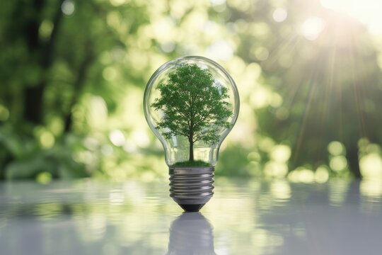 A lightbulb with a green tree inside against a blurred green background on a reflective surface - Powered by Adobe